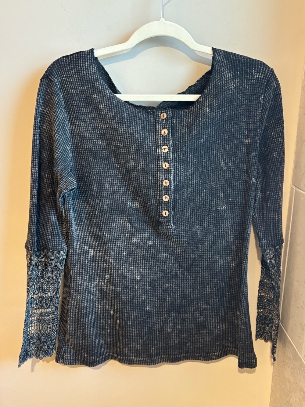 BiBi Waffle Knit Henley with Lace Cuff - Blue